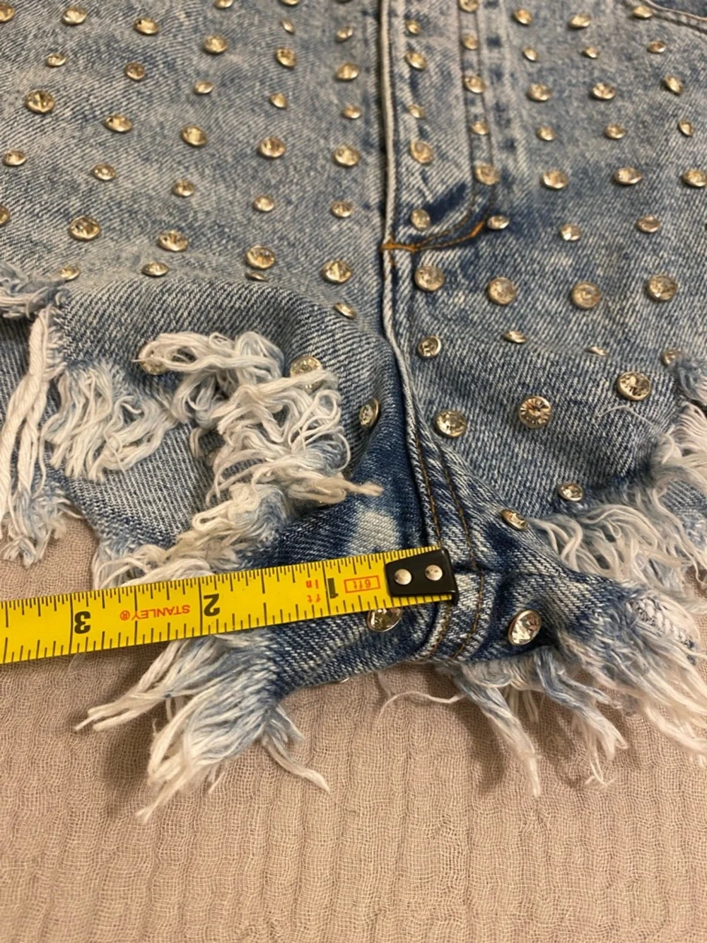 RETROFETE ANGEL EMBELLISHED DENIM SHORT Studded Distressed Denim - Blue. Size 28 - Picture 9 of 15